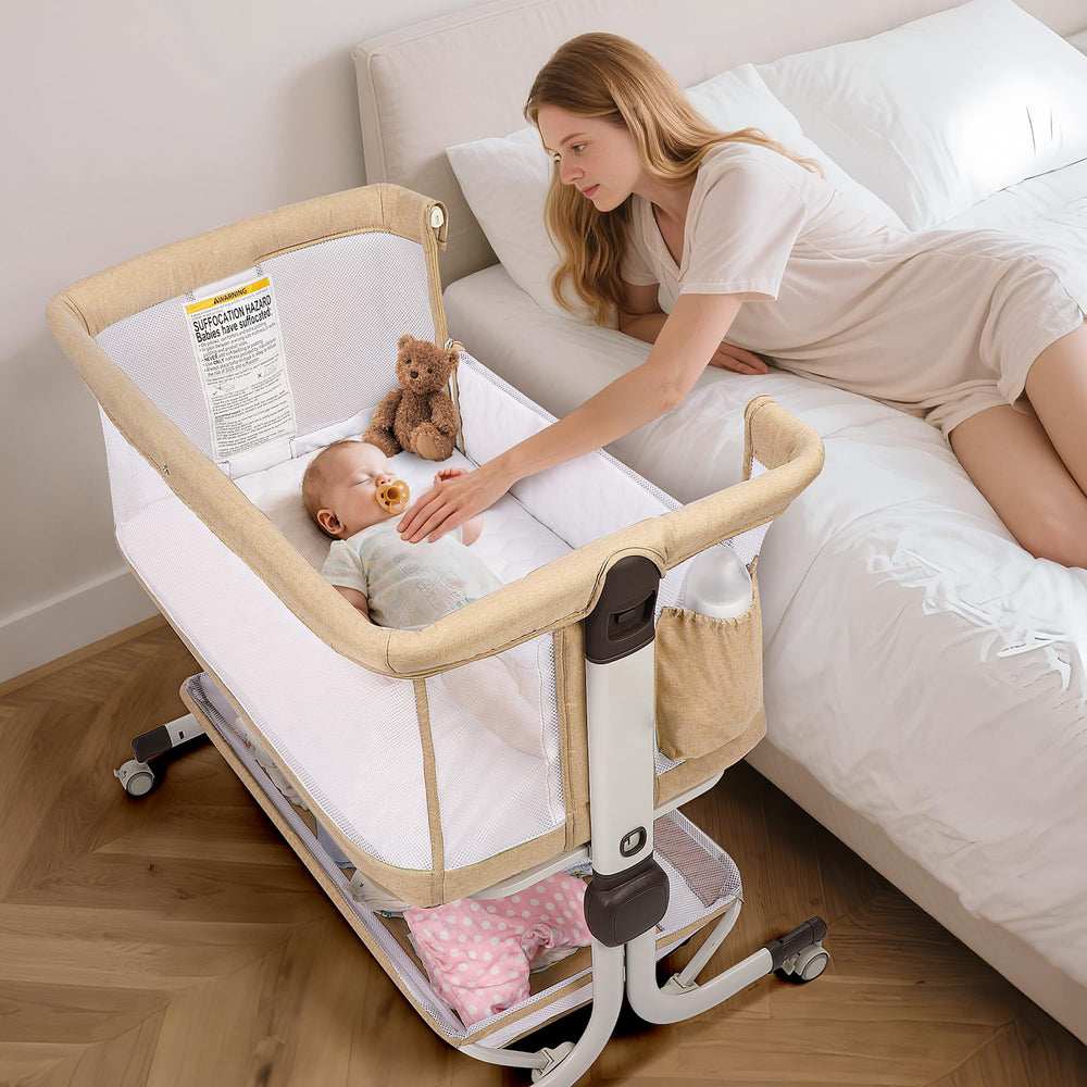 MOMFANN baby bassinet bedside sleeper front view shows sturdy construction for secure nighttime closeness