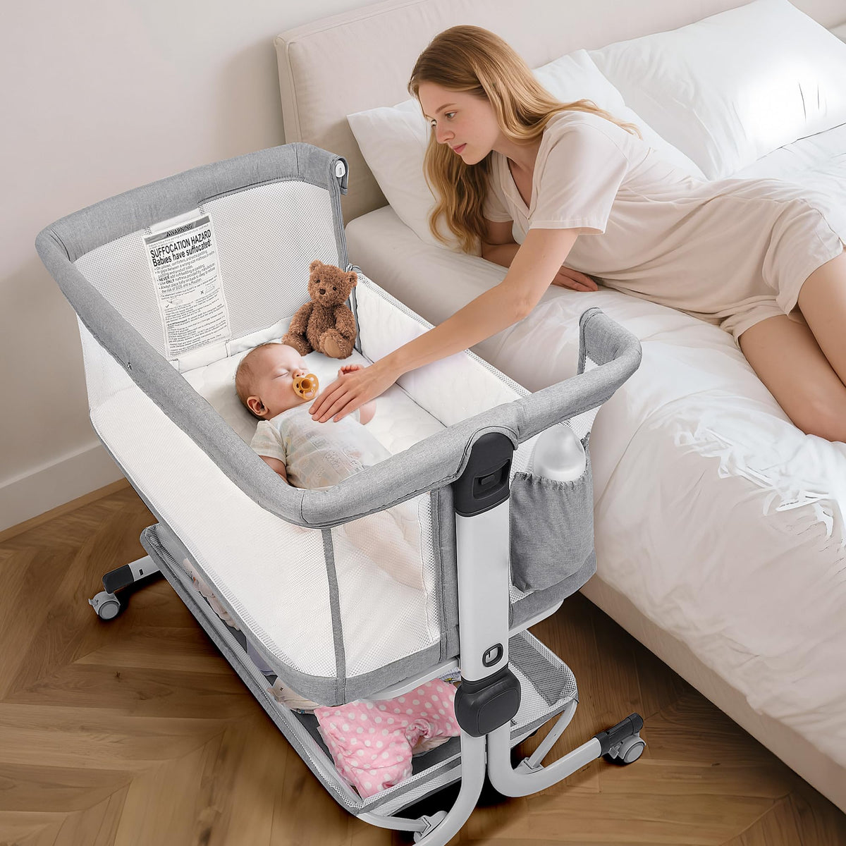 MOMFANN baby bassinet bedside sleeper gray with breathable design for versatile sleep