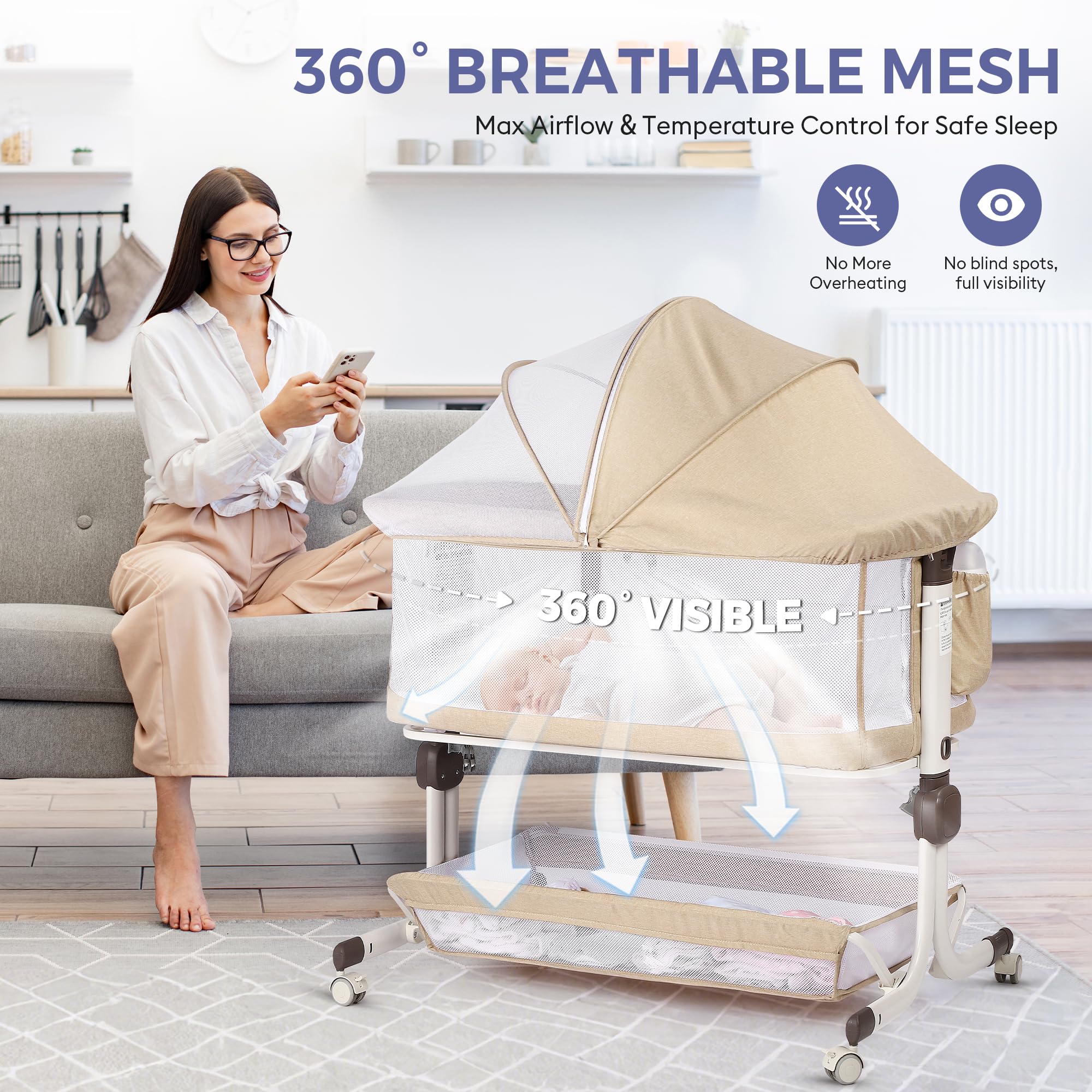 MOMFANN baby bassinet bedside sleeper side mesh sides emphasize breathability and visibility for newborn comfort