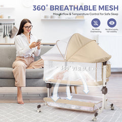 MOMFANN baby bassinet bedside sleeper side mesh sides emphasize breathability and visibility for newborn comfort
