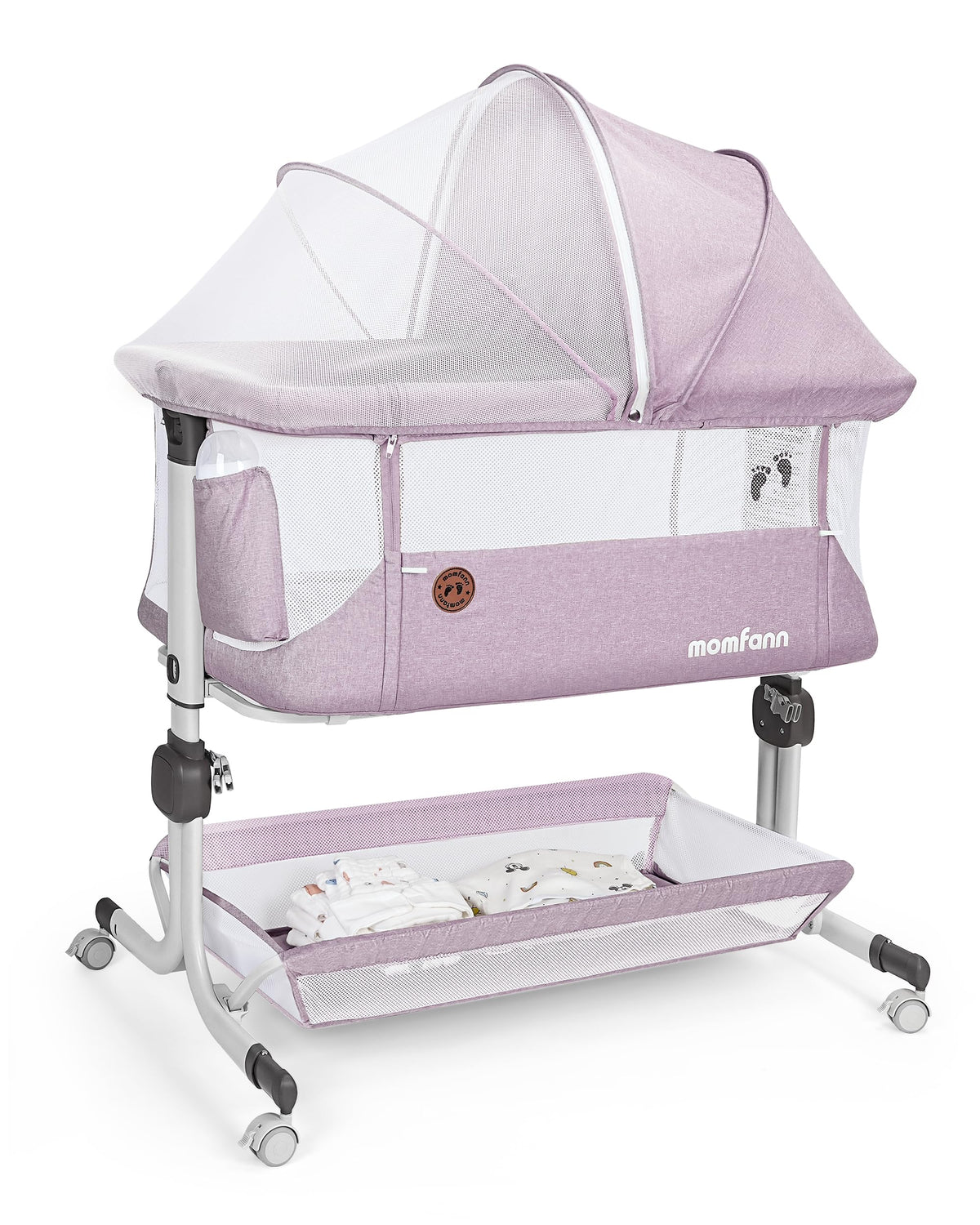 MOMFANN Baby Bassinet bedside-sleeper shows near-bed convenience for newborn care.