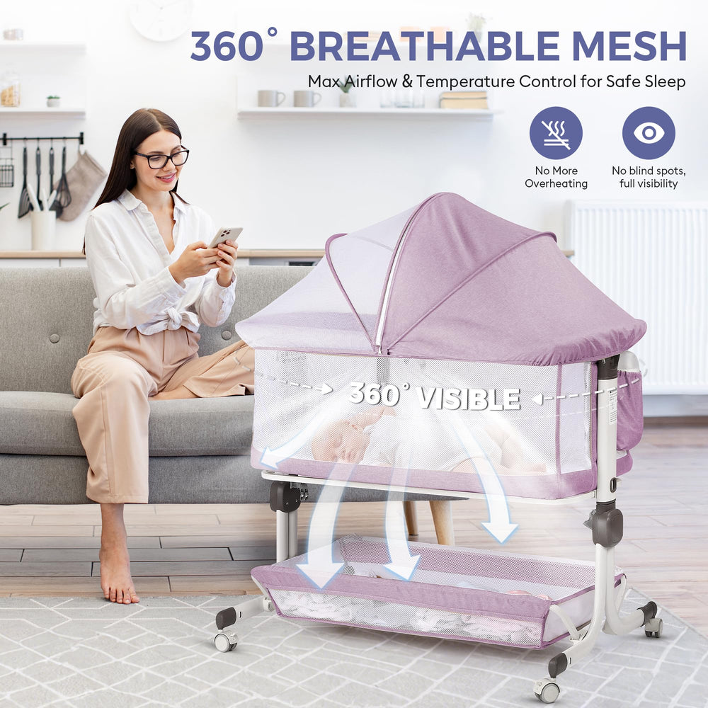 MOMFANN Bassinet full-mesh-sides provide visibility and airflow for calm naps.