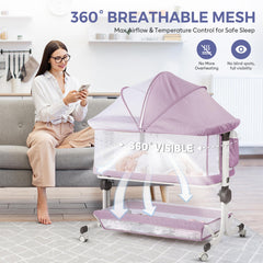 MOMFANN Bassinet full-mesh-sides provide visibility and airflow for calm naps.