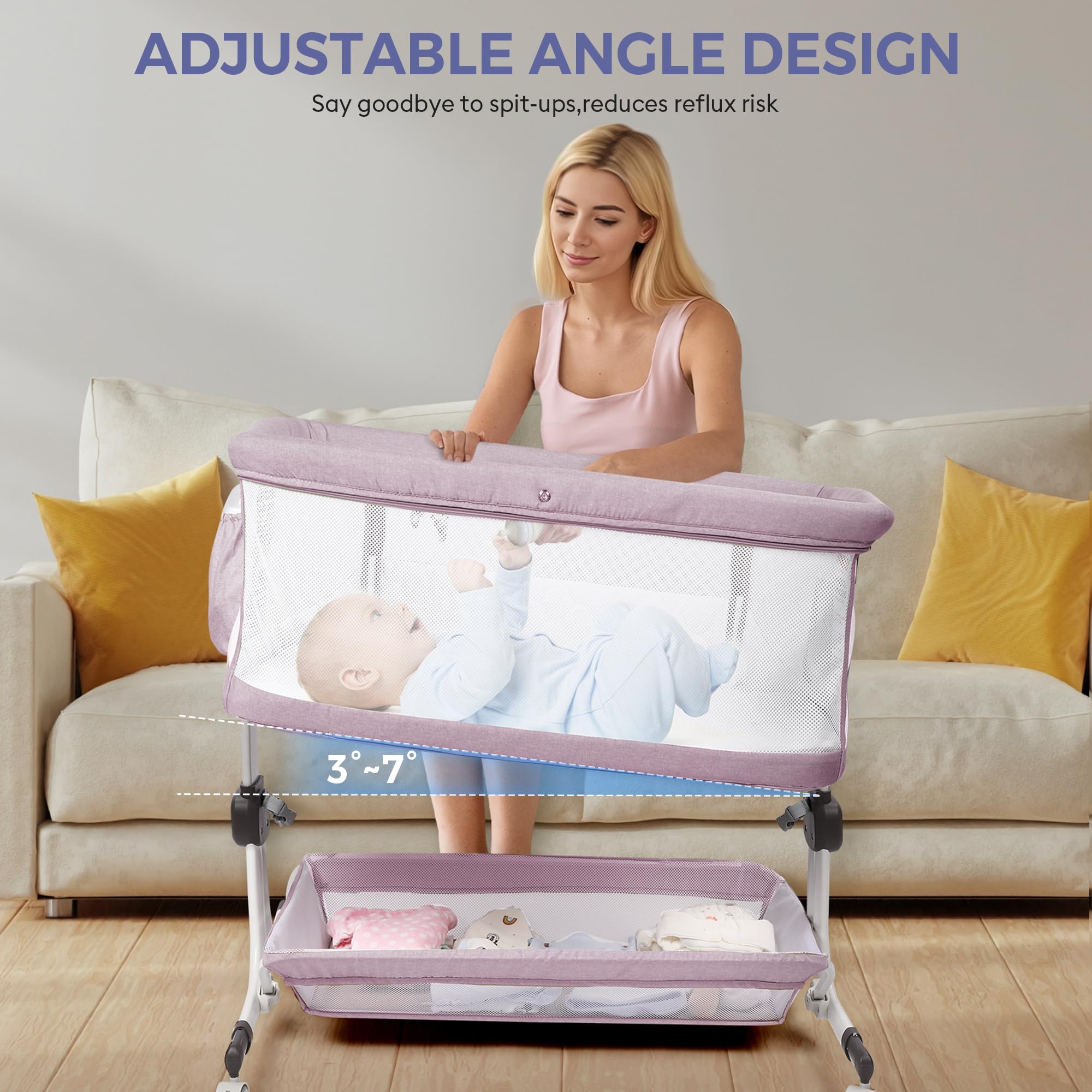 MOMFANN Pinkish-purple finish adds a soft, comforting nursery aesthetic.