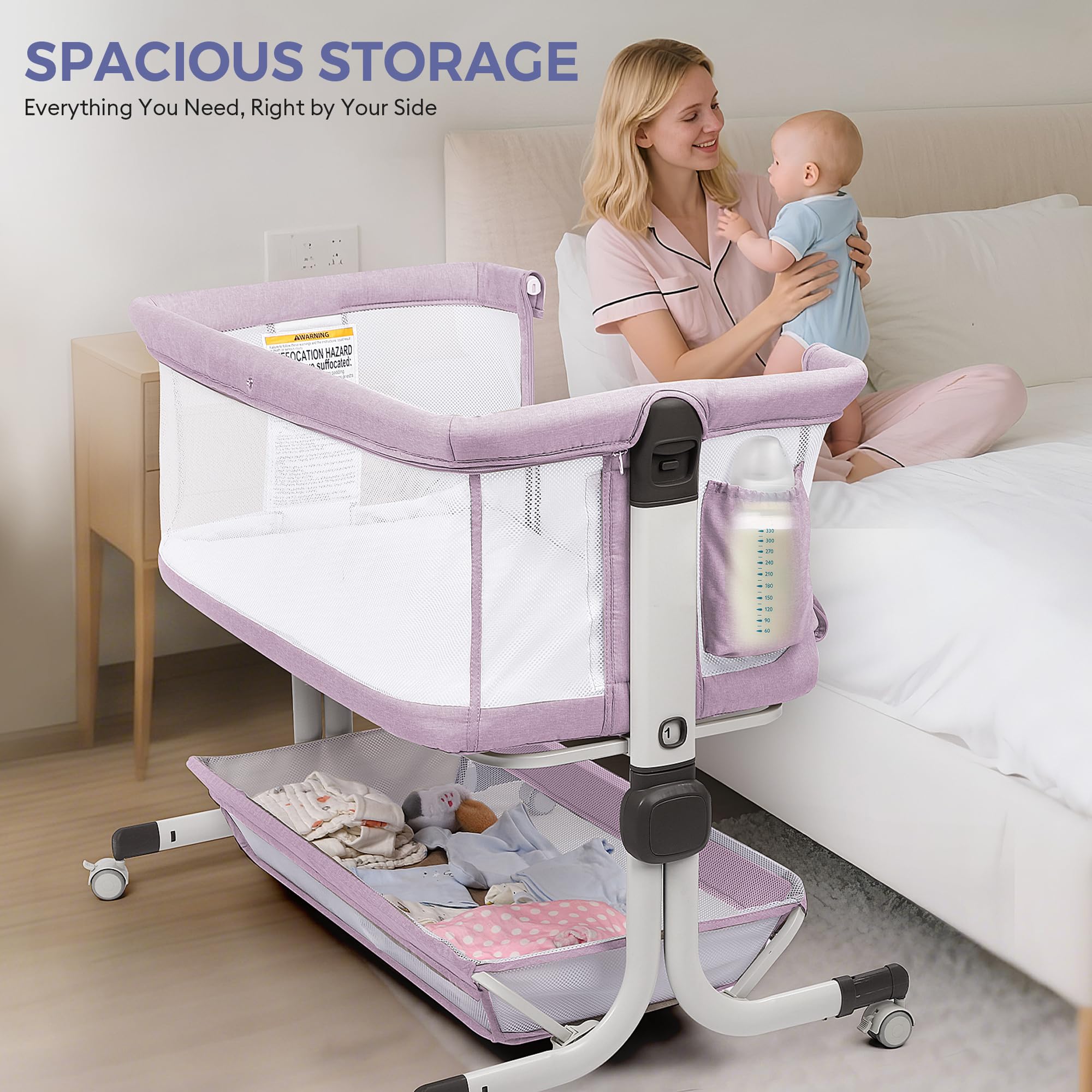 MOMFANN Portable bedside crib ideal for travel or small spaces.