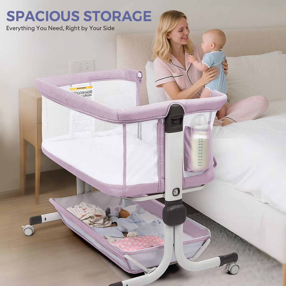 MOMFANN Portable bedside crib ideal for travel or small spaces.