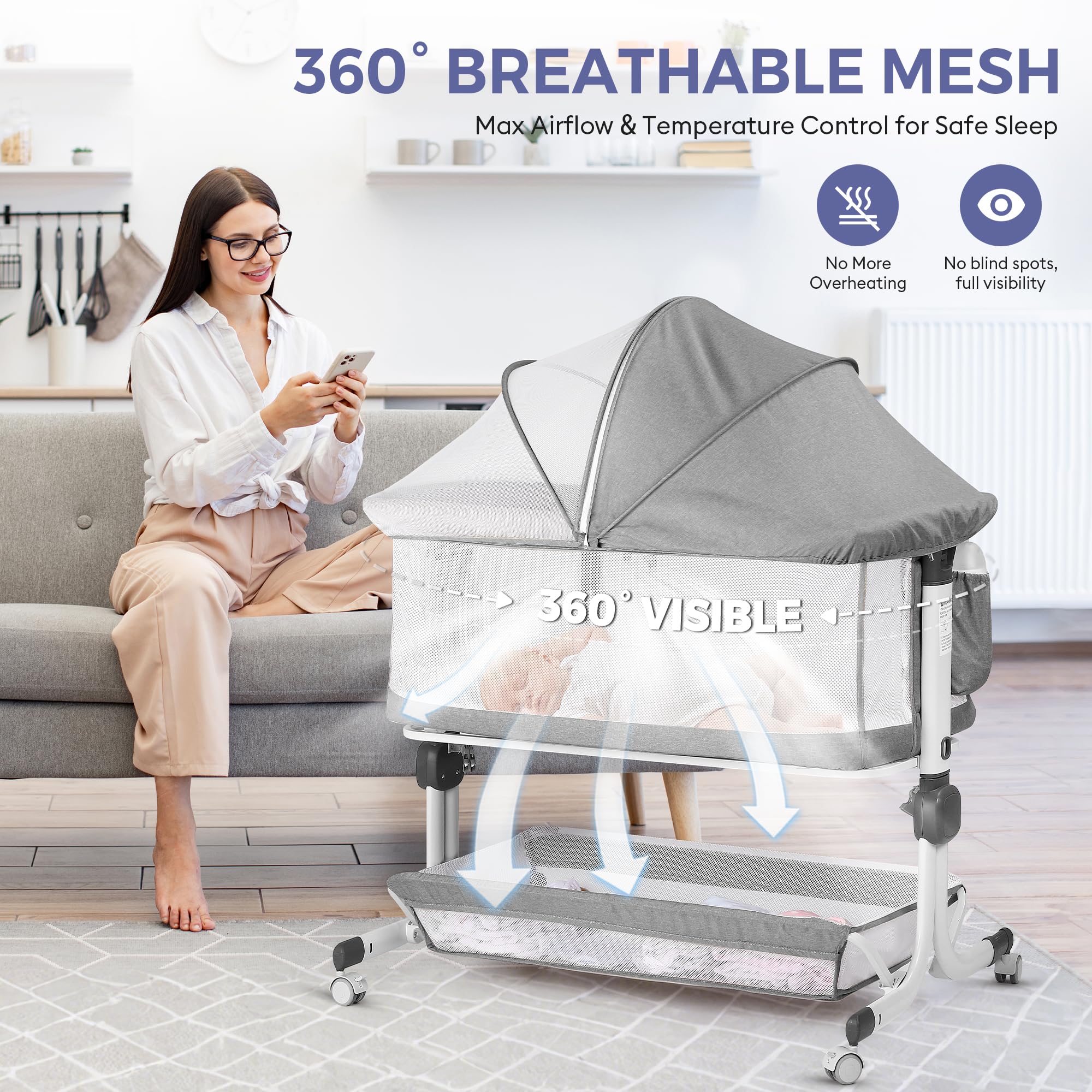 MOMFANN bedside sleeper with full mesh sides for visibility and airflow