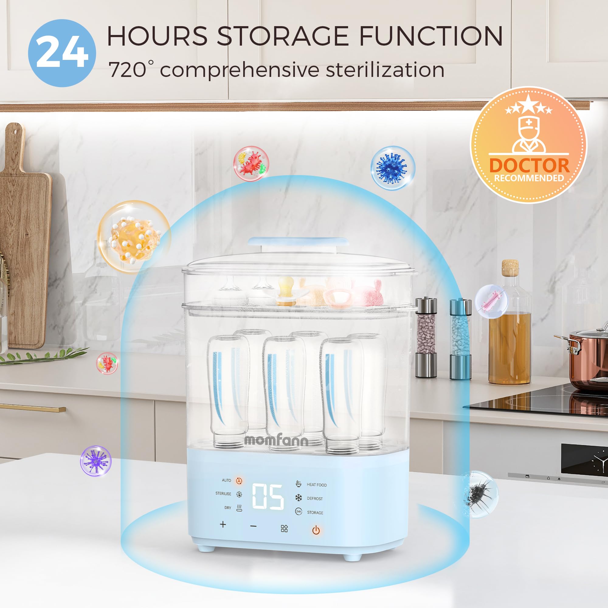 MOMFANN bottle sterilizer blue drying cycle speeds ready-to-use bottles.