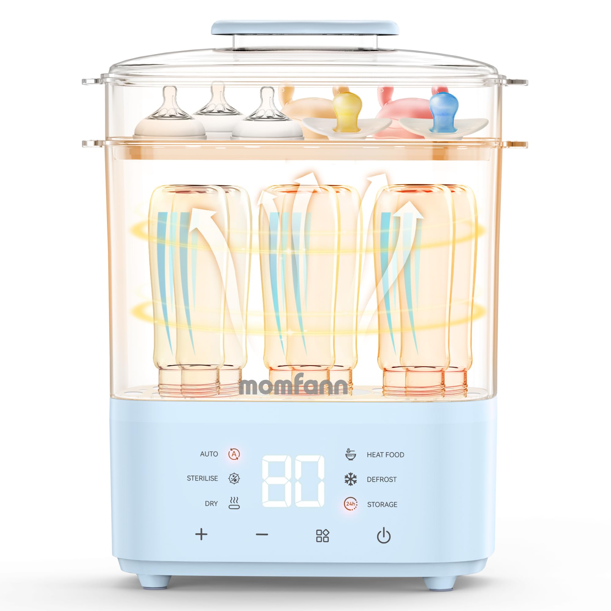MOMFANN bottle sterilizer blue front view for quick, safe bottle prep.