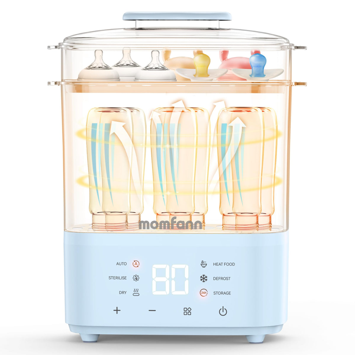 MOMFANN bottle sterilizer blue front view for quick, safe bottle prep.
