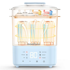 MOMFANN bottle sterilizer blue front view for quick, safe bottle prep.