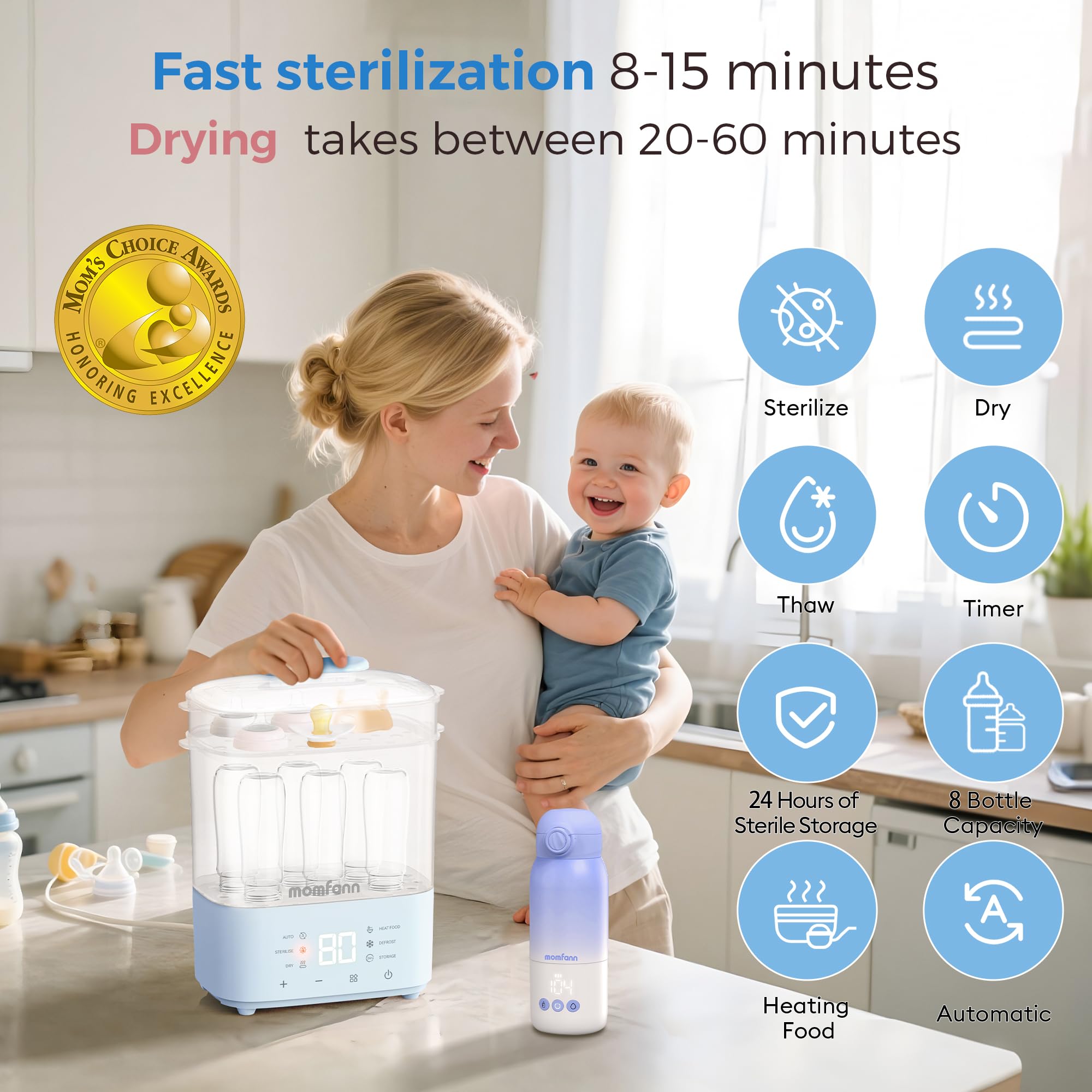 MOMFANN bottle sterilizer blue LED countdown displays precise timing.