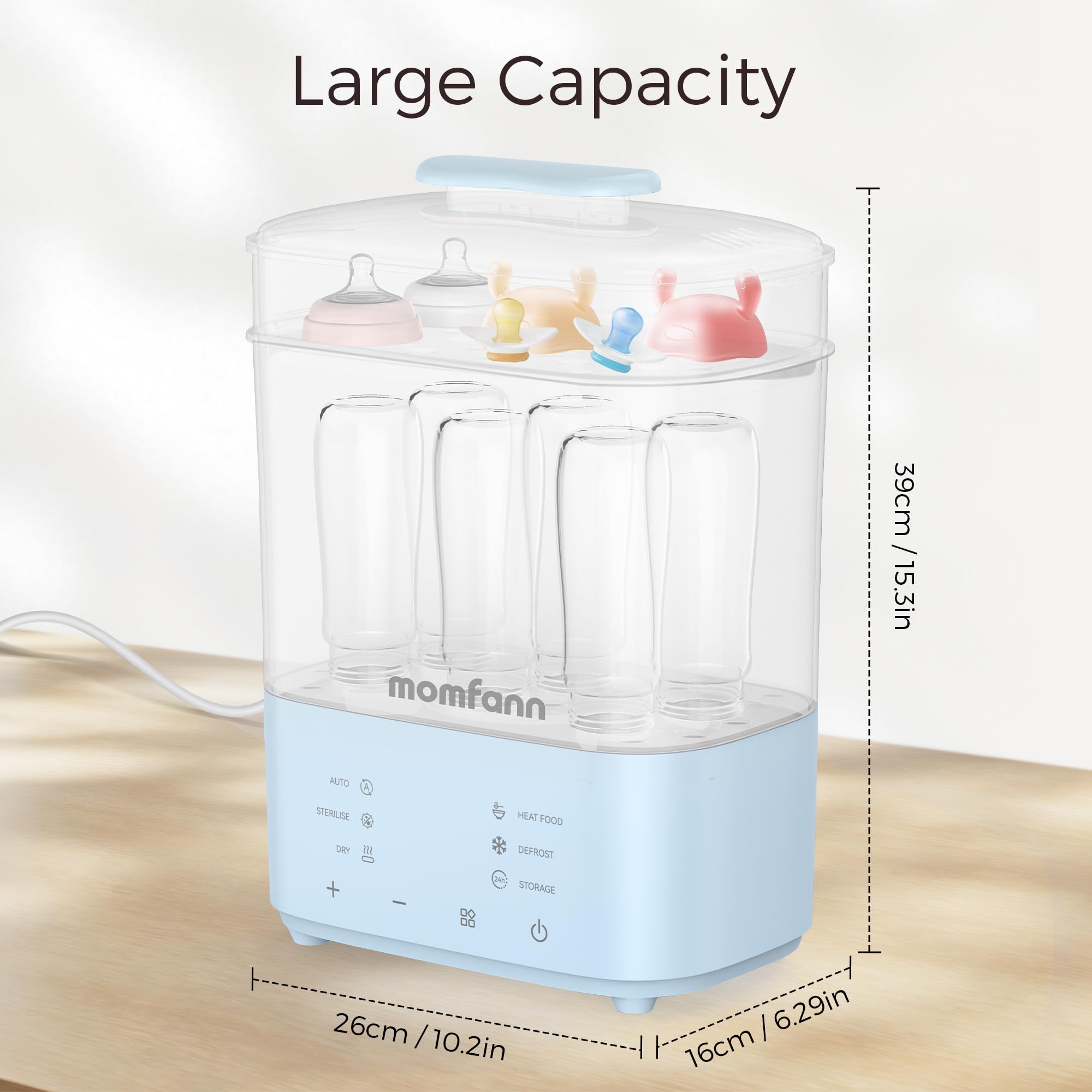 MOMFANN bottle sterilizer blue thaw and heat function adds convenience.