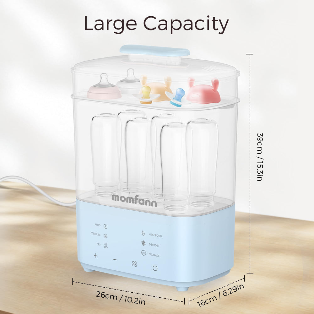 MOMFANN bottle sterilizer blue thaw and heat function adds convenience.