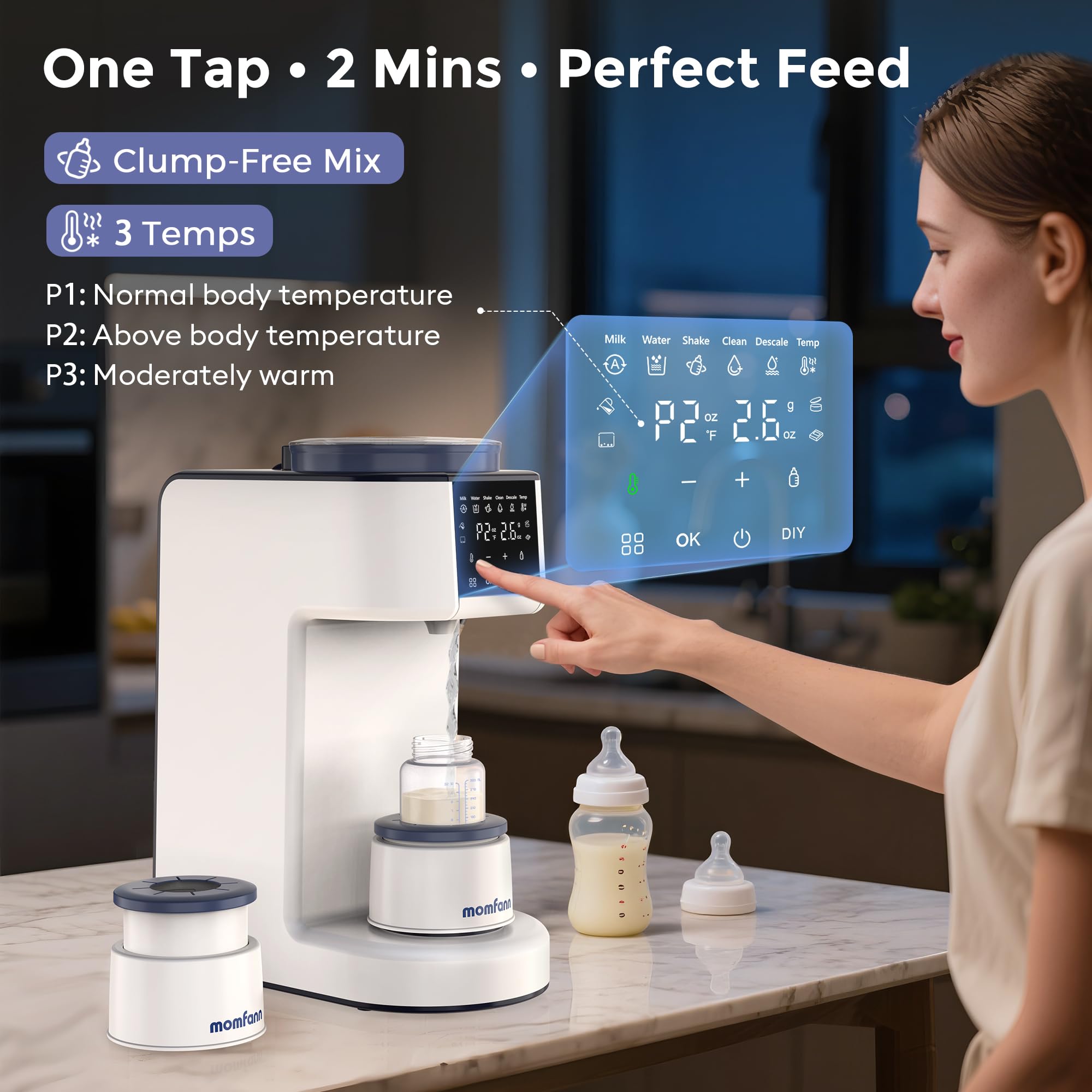 Momfann Formula Maker Pro 2L tank keeps a steady meal-ready supply.