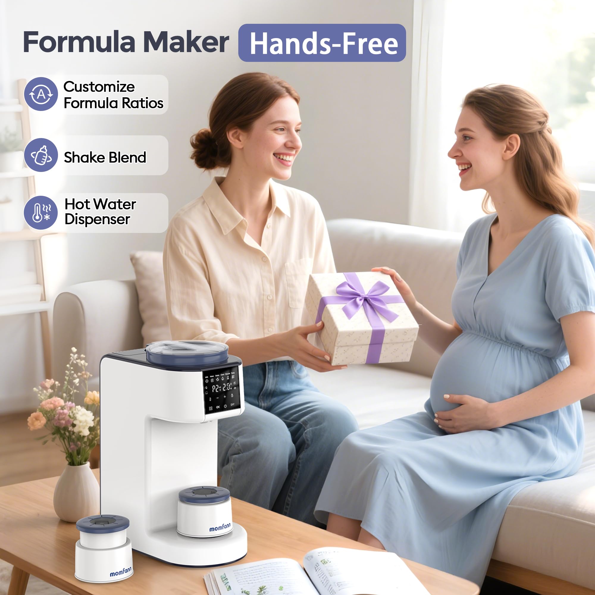 Momfann Formula Maker Pro dispensing bottle demonstrates fast, clump-free formula in minutes.