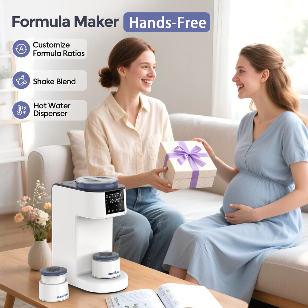 Momfann Formula Maker Pro dispensing bottle demonstrates fast, clump-free formula in minutes.