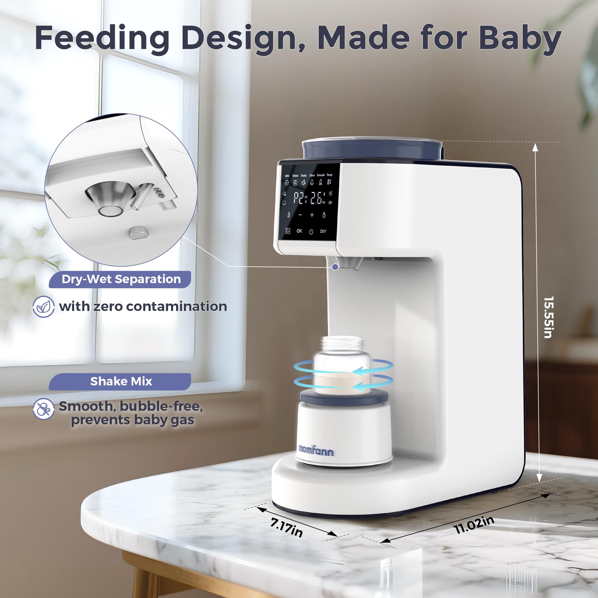 Momfann Formula Maker Pro Smart Shake tech minimizes bubbles for smooth bottles.