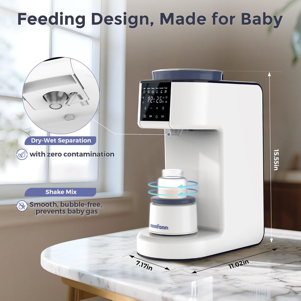 Momfann Formula Maker Pro Smart Shake tech minimizes bubbles for smooth bottles.