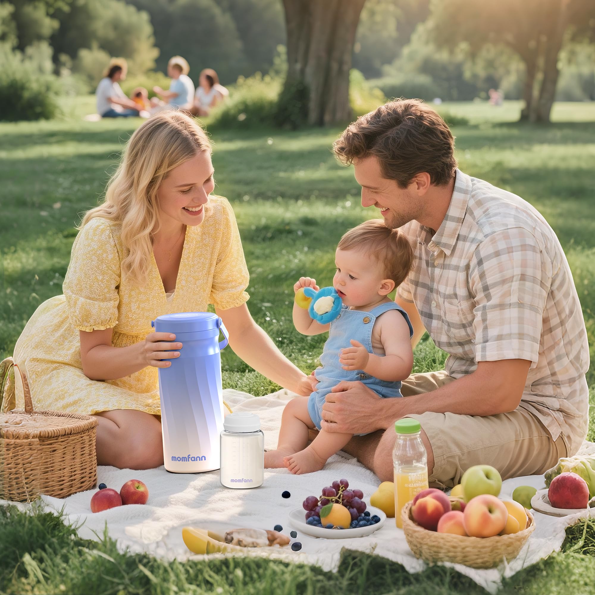 MOMFANN on-the-go design fits in a bag for travel and pumping.