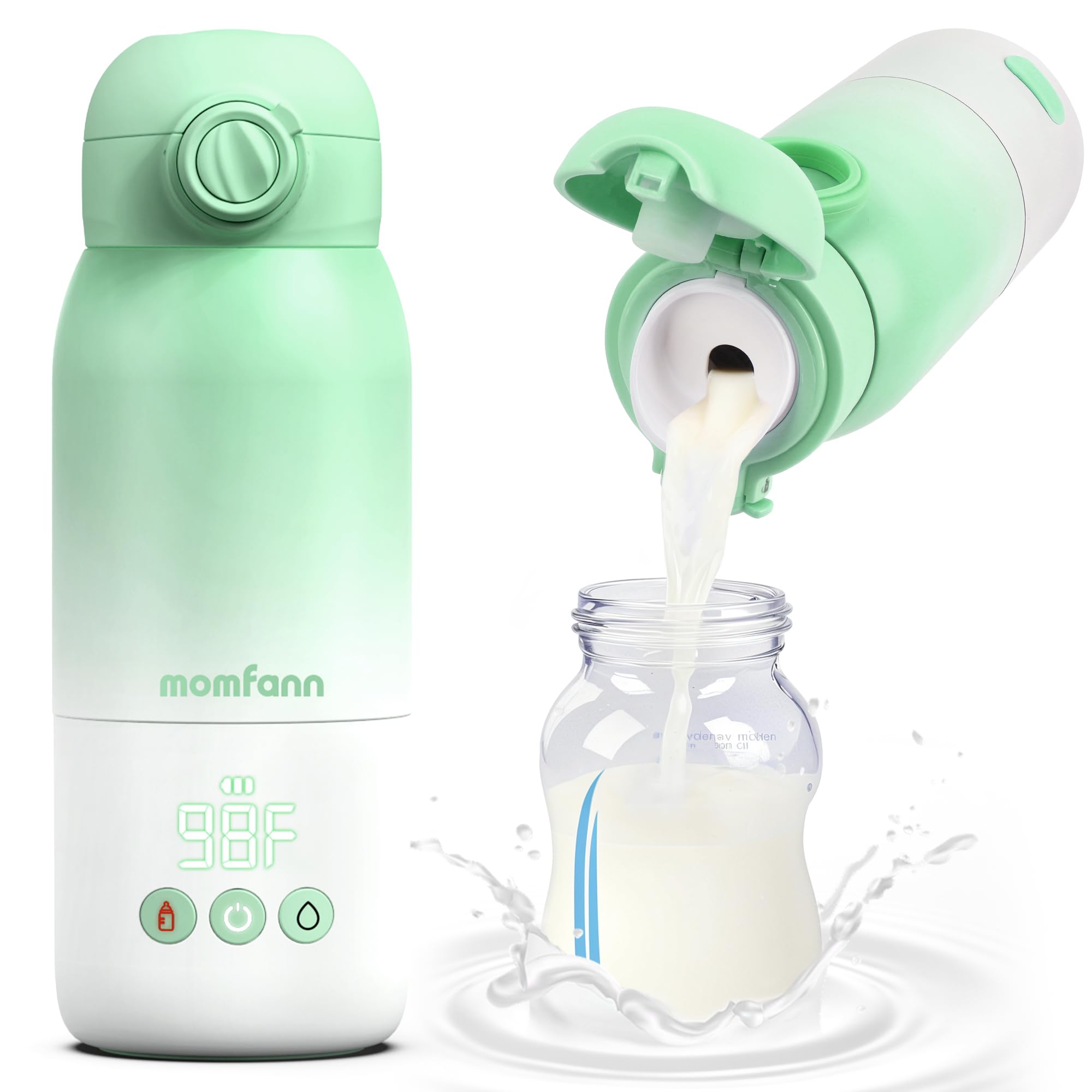 MOMFANN portable bottle warmer green front view, ideal for travel-friendly feeding on the go.