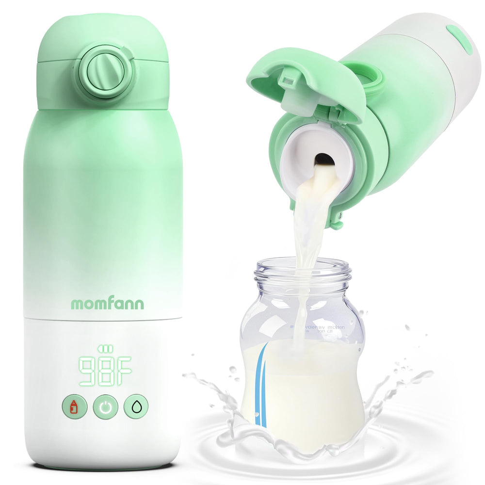 MOMFANN portable bottle warmer green front view, ideal for travel-friendly feeding on the go.