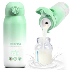 MOMFANN portable bottle warmer green front view, ideal for travel-friendly feeding on the go.
