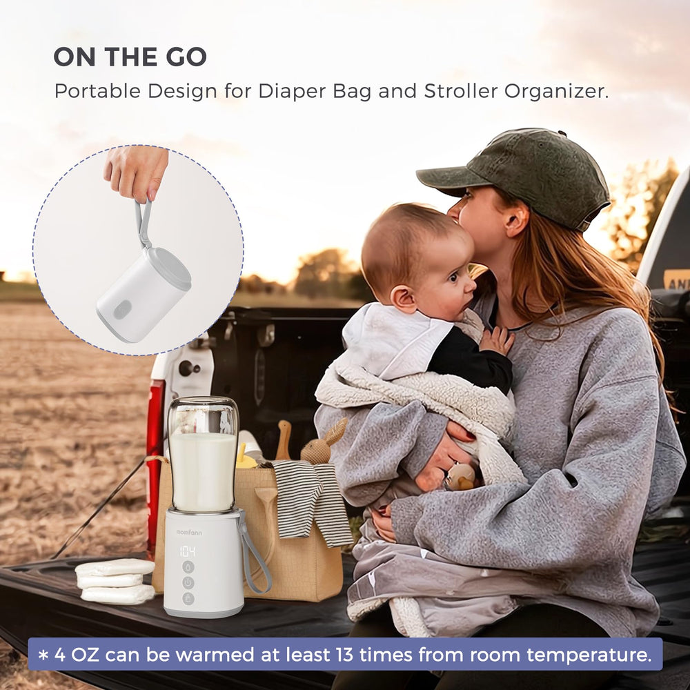 MOMFANN warmer tucked in a diaper bag showing travel-friendly design