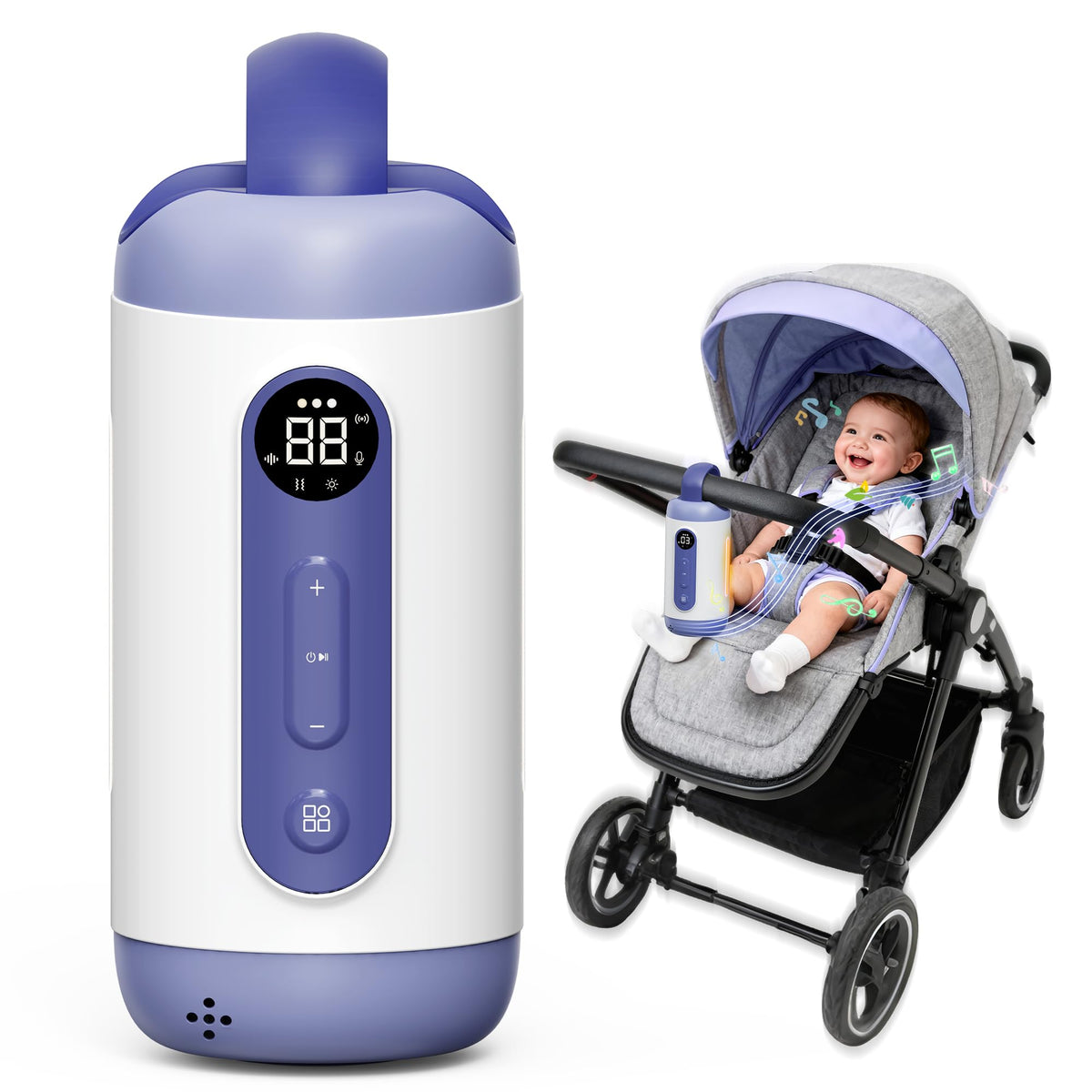 MOMFANN rechargeable baby rocker attached to a stroller demonstrates on-the-go soothing for newborns