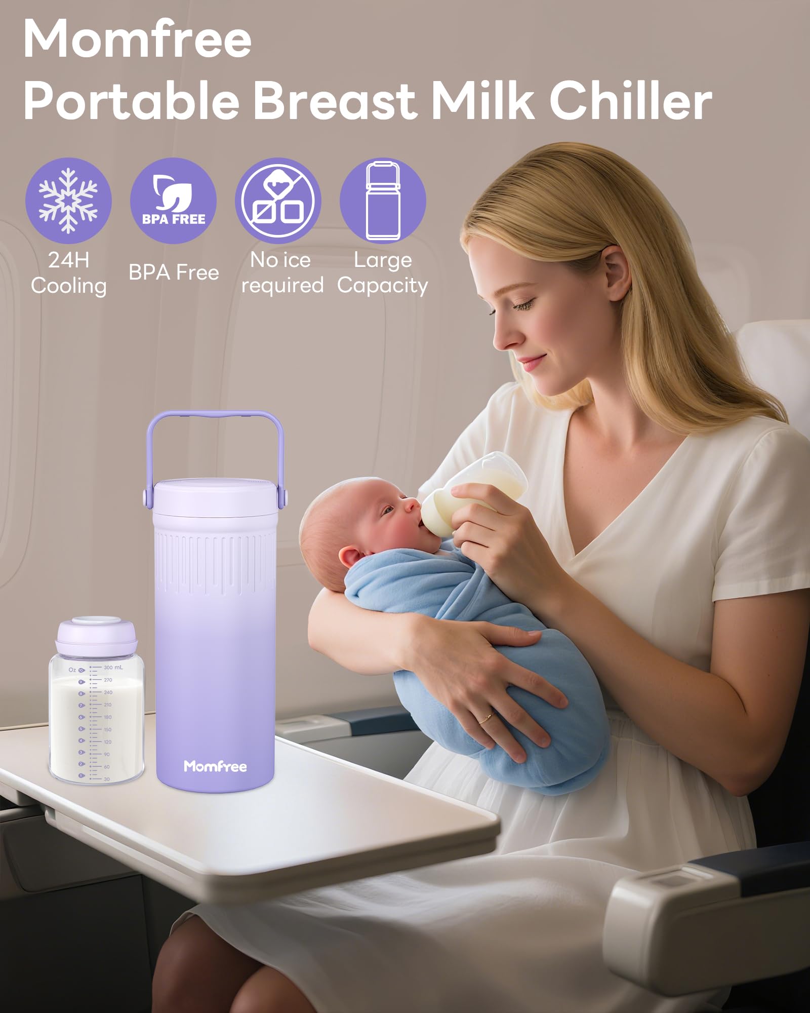 Momfree 2x11oz bottles inside highlights ample storage for daily feeds on the go.