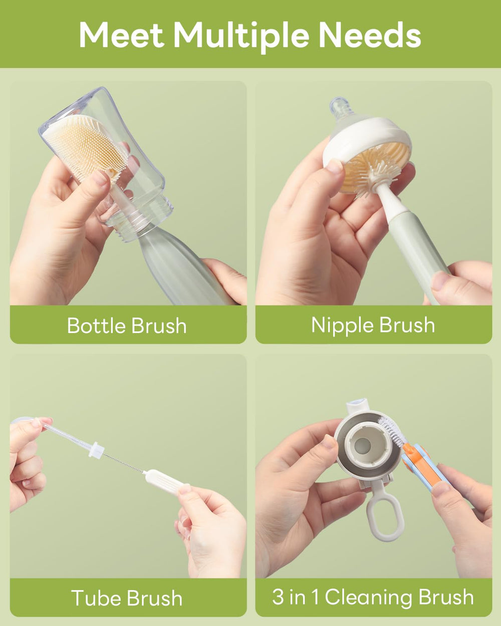 Momfree angled teat brush targets teats and narrow openings for precise cleaning
