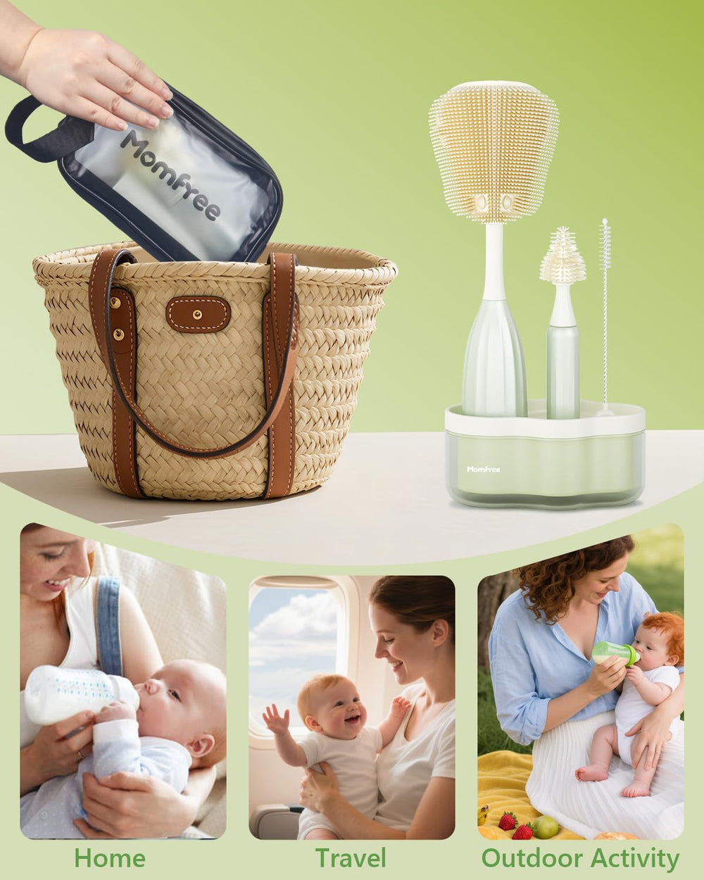 Momfree travel bag and stand keep brushes organized and drip-free during travel