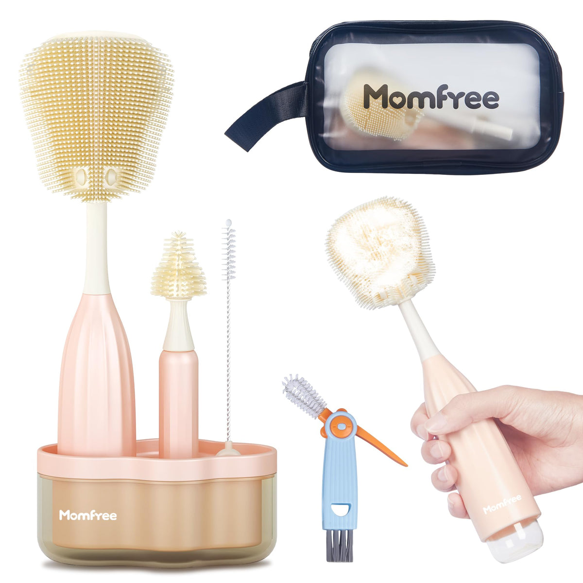 Momfree bottle brush set with foam-press action for thorough bottle cleaning using safe silicone bristles