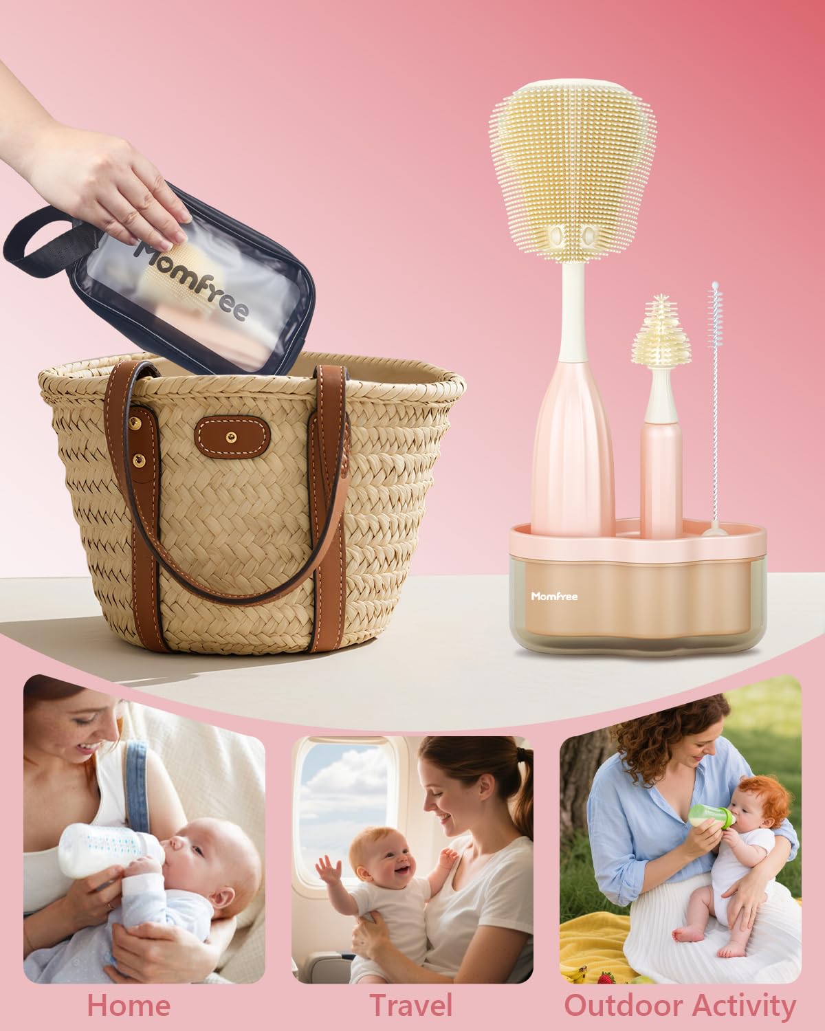Momfree travel bag with stand keeps brushes organized and drips contained