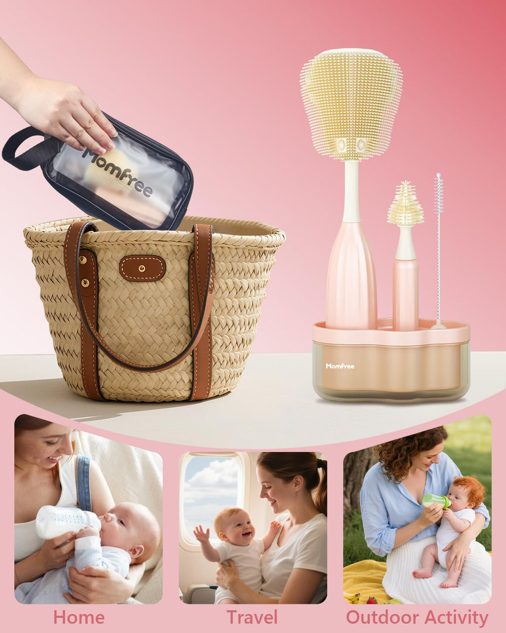 Momfree travel bag with stand keeps brushes organized and drips contained