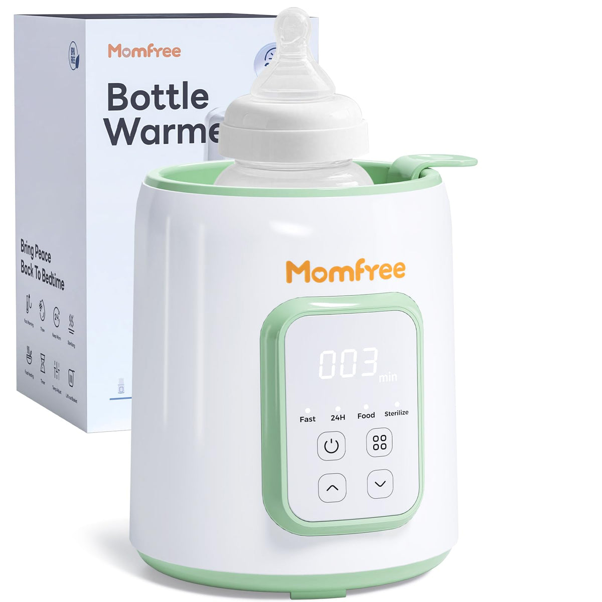 Momfree bottle warmer 8in1 fast-warming for bedtime feeds.