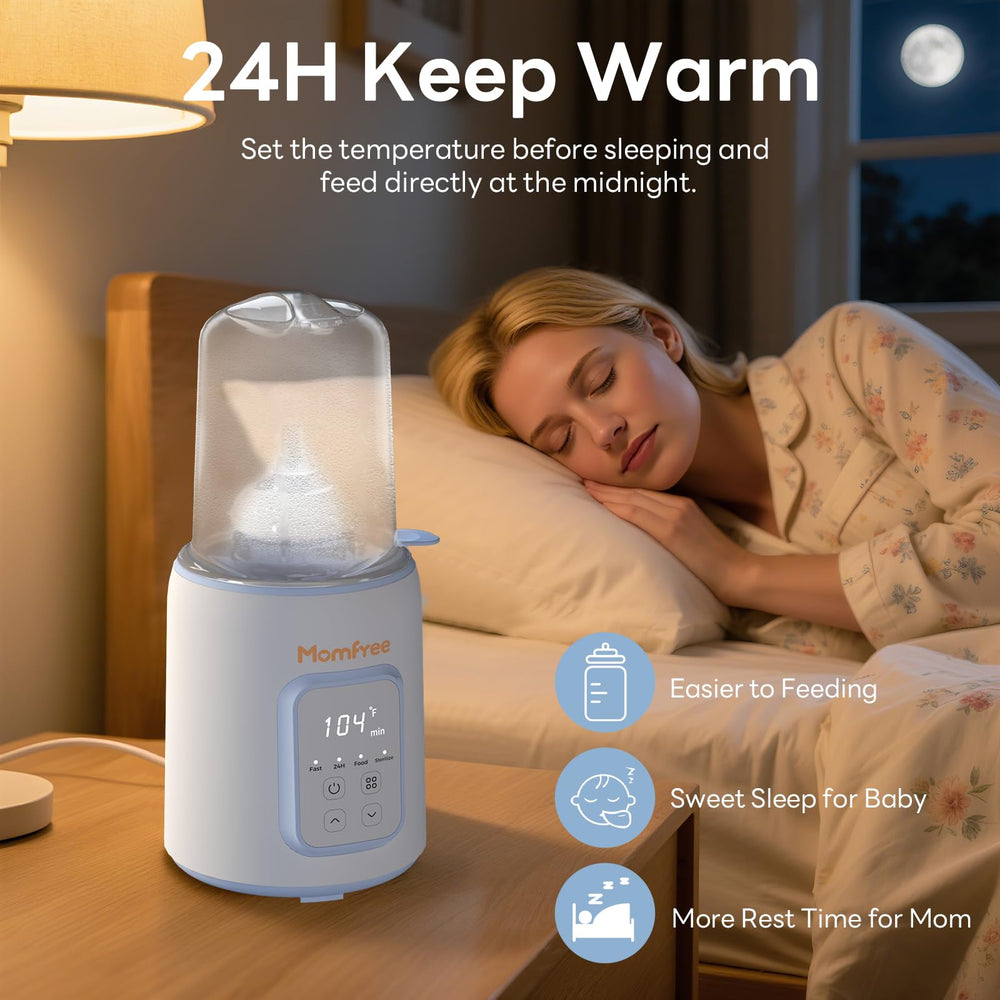 Momfree bottle warmer auto-shut-off graphic emphasizes safer automatic power-off