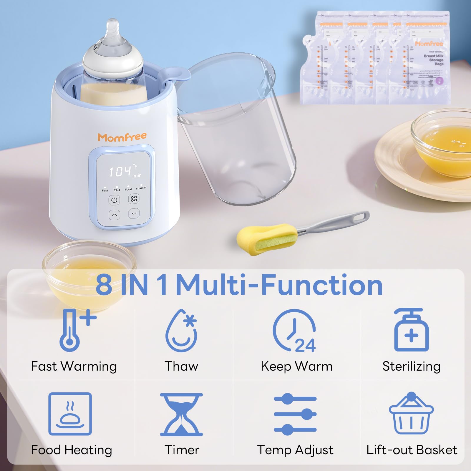 Momfree bottle warmer bottle-compatibility image demonstrates wide bottle range