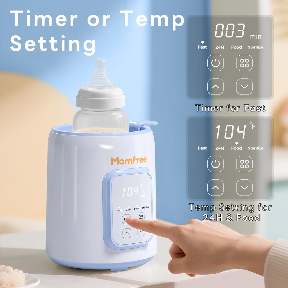 Momfree bottle warmer in-use steaming image demonstrates gentle heating of baby food