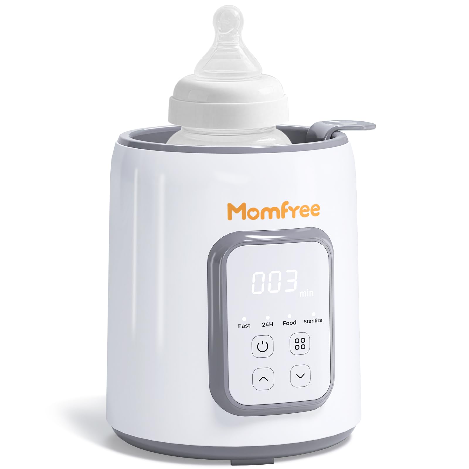 Momfree bottle warmer includes cleaning brush and five breastmilk bags.