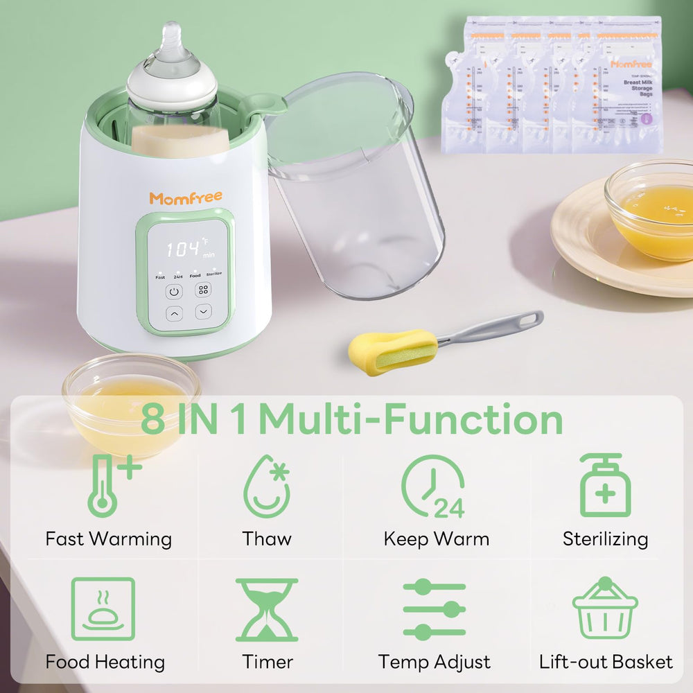 Momfree bottle warmer with lift-out basket for easy handling.
