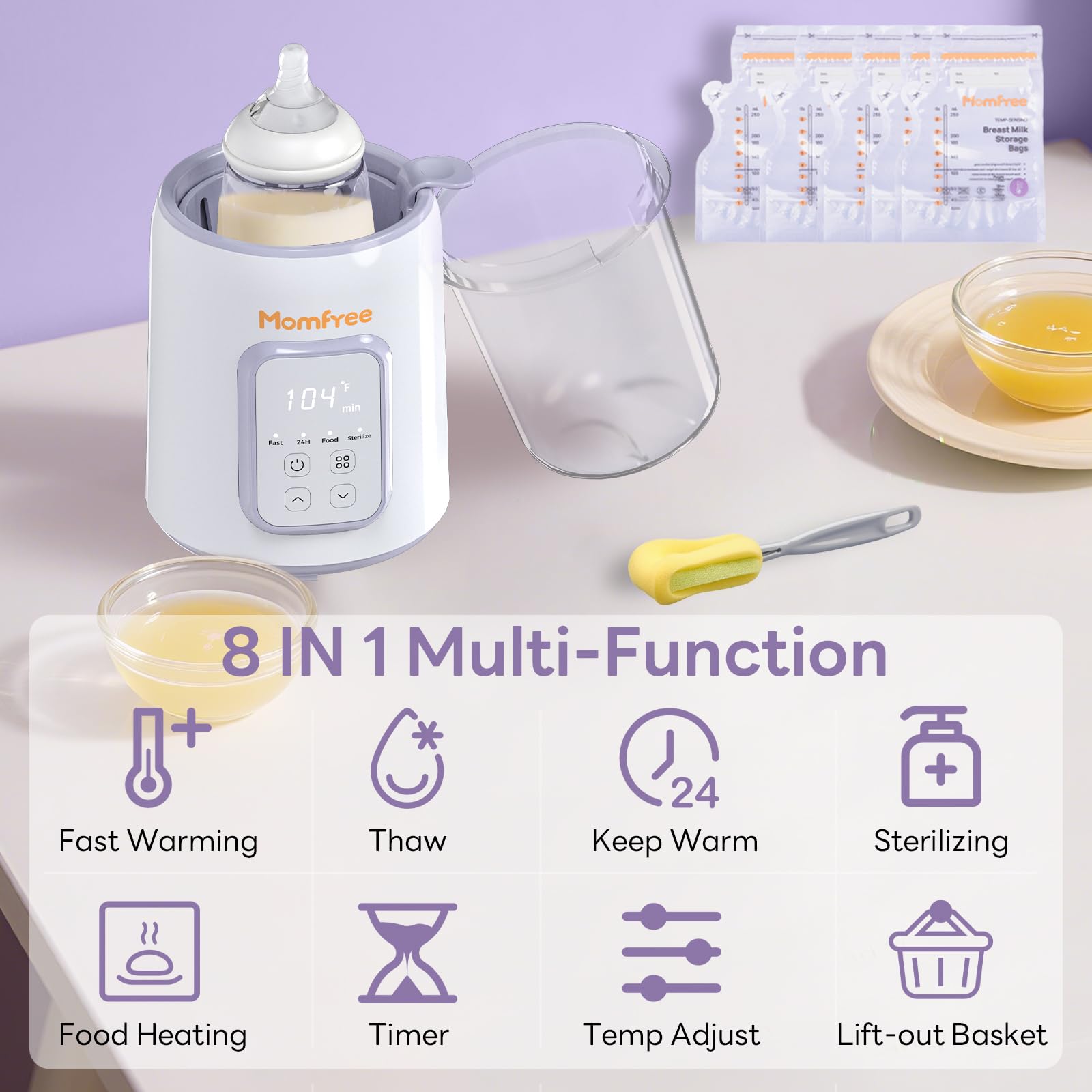 Momfree bottle warmer night-feeding-ease demonstrates quiet operation for late-night feeds.