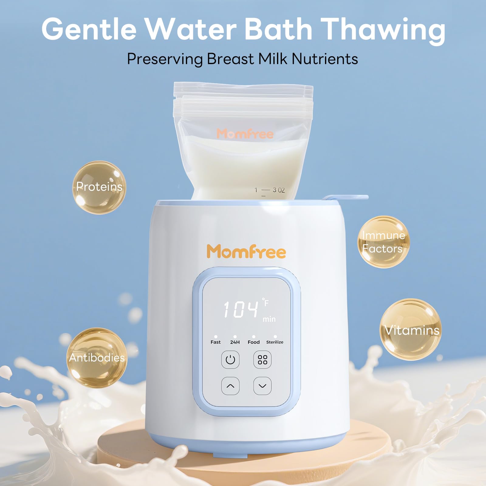 Momfree bottle warmer night-feeding use image conveys quiet operation
