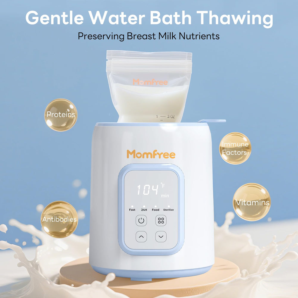 Momfree bottle warmer night-feeding use image conveys quiet operation