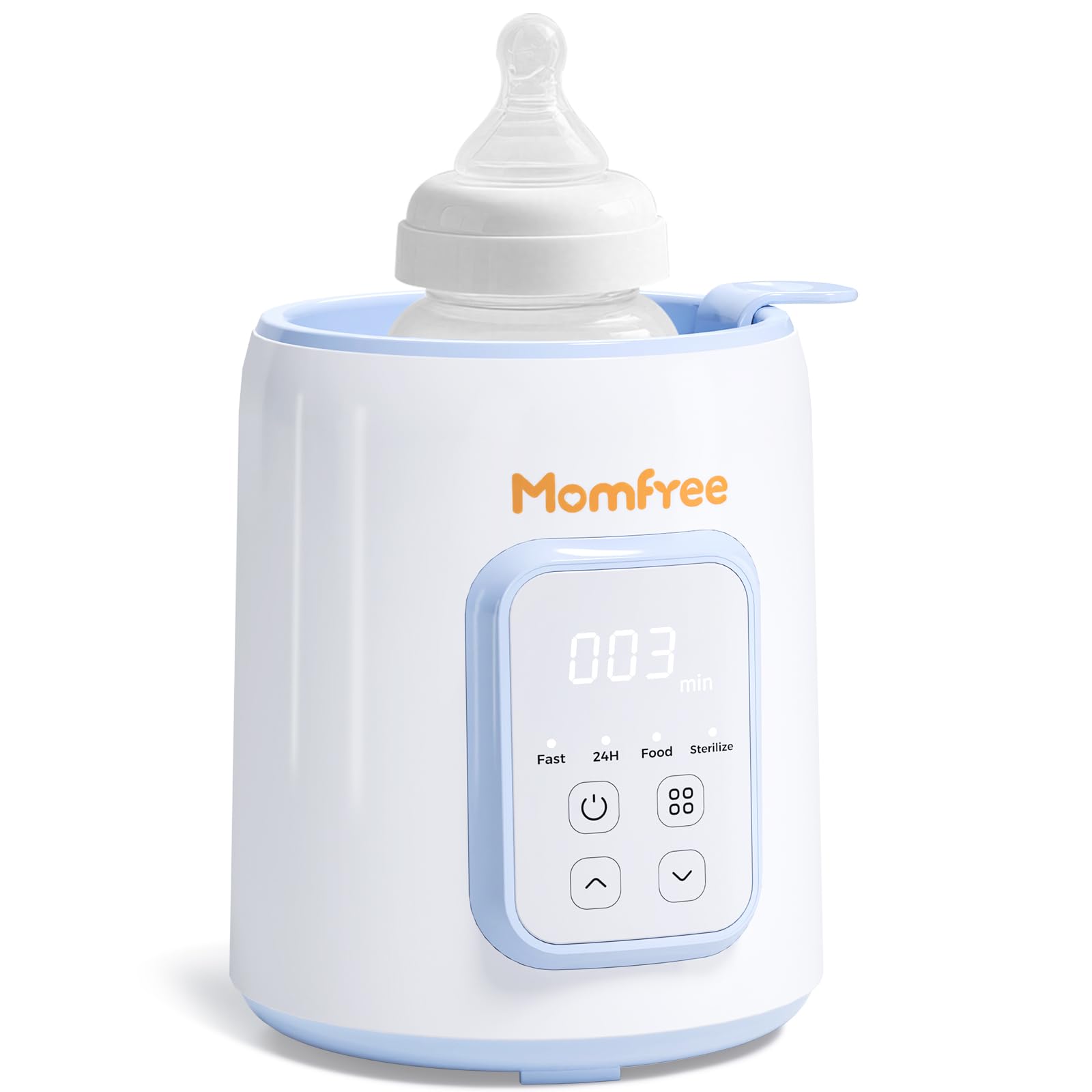 Momfree bottle warmer packaging with accessories highlights included items