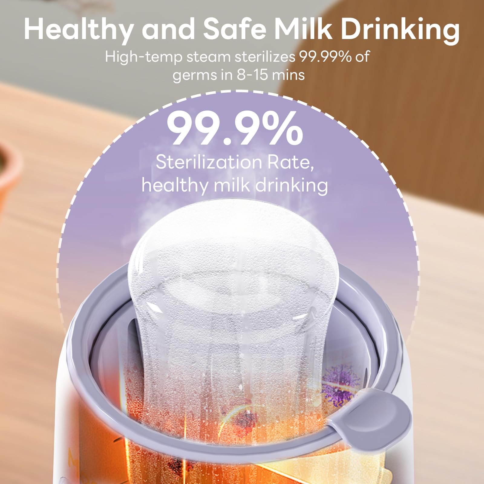 Momfree bottle-warmer-steaming-ease shows safe steaming and food heating functionality.