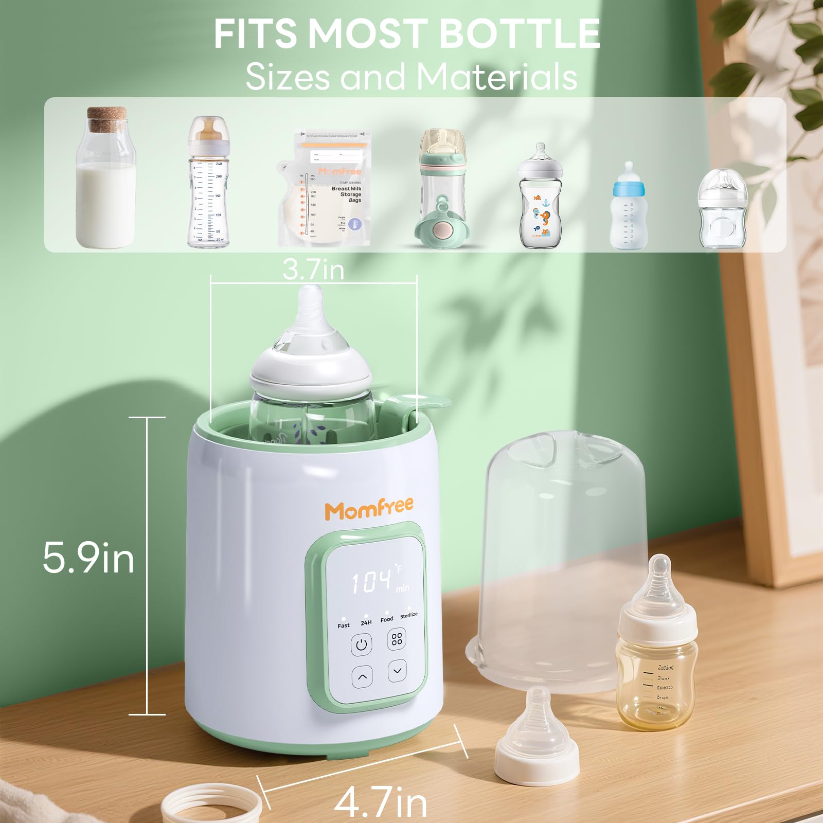 Momfree bottle warmer with temperature control ensures precise heat.