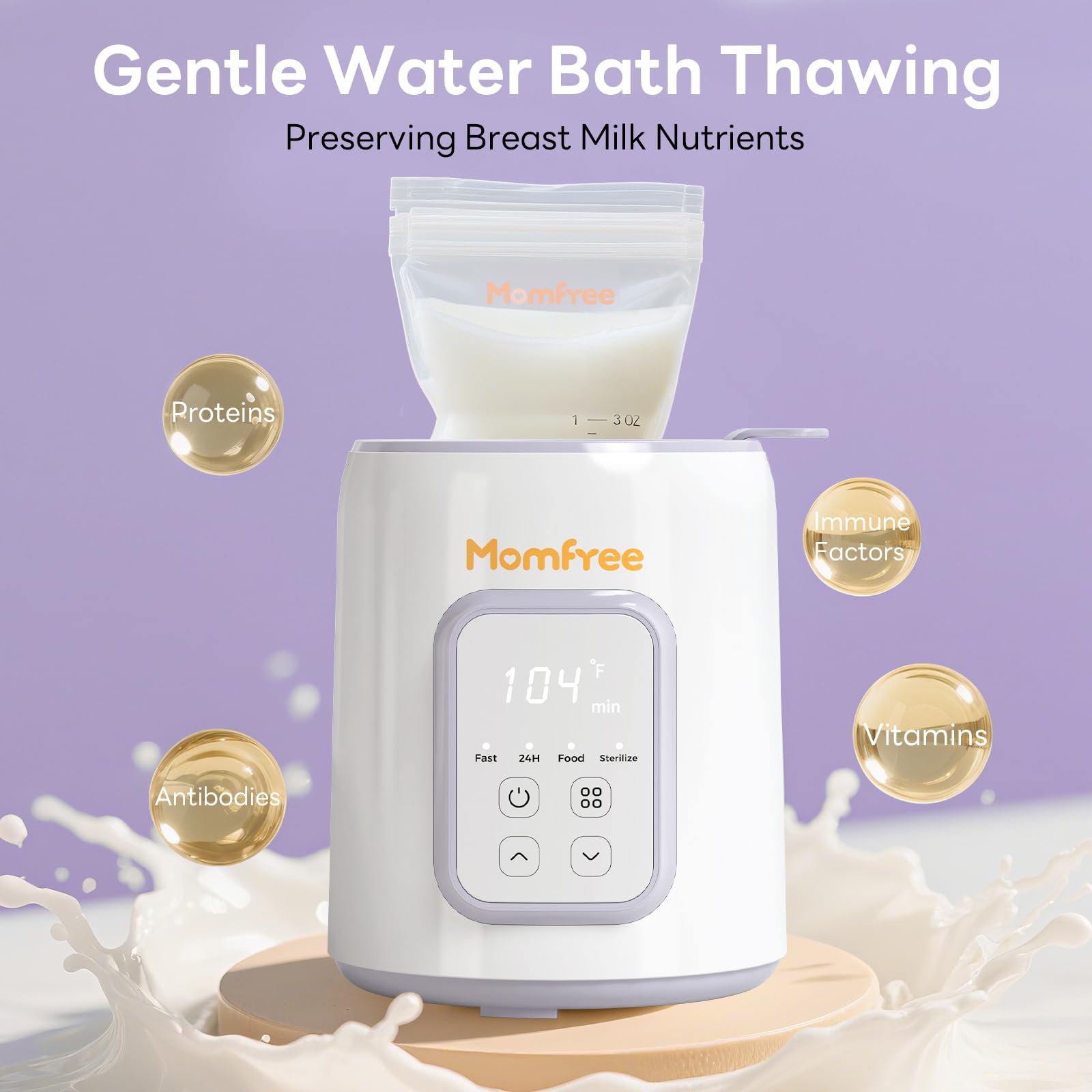 Momfree temperature-control-focus showcases precise heat for consistent milk warming.