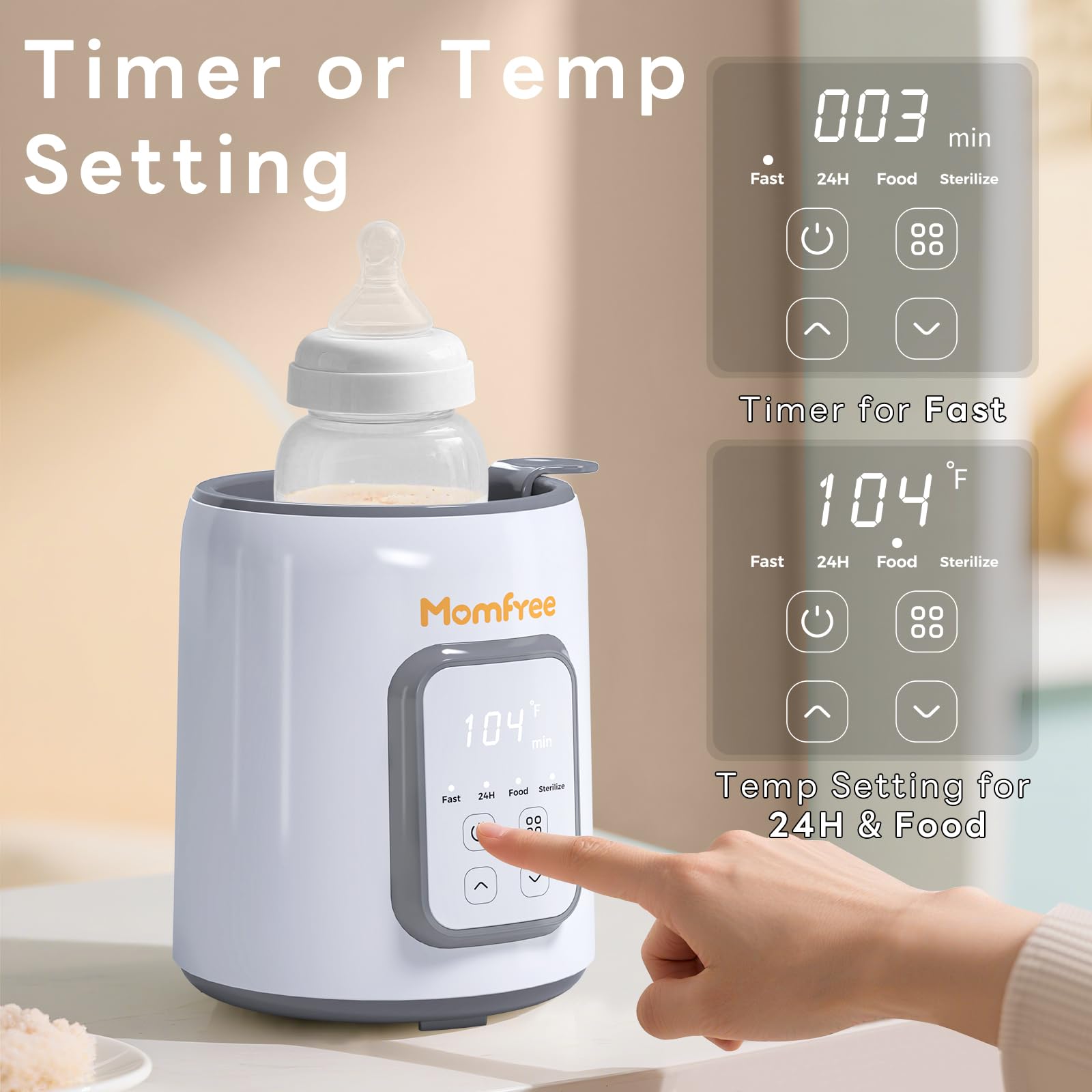 Momfree bottle warmer works with most bottle types.