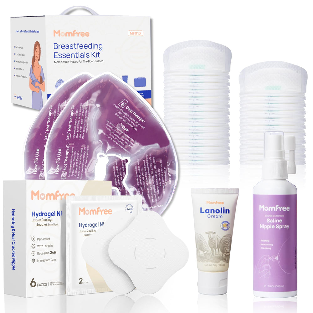 Momfree breastfeeding essentials kit closeup—complete nursing set for comfort.